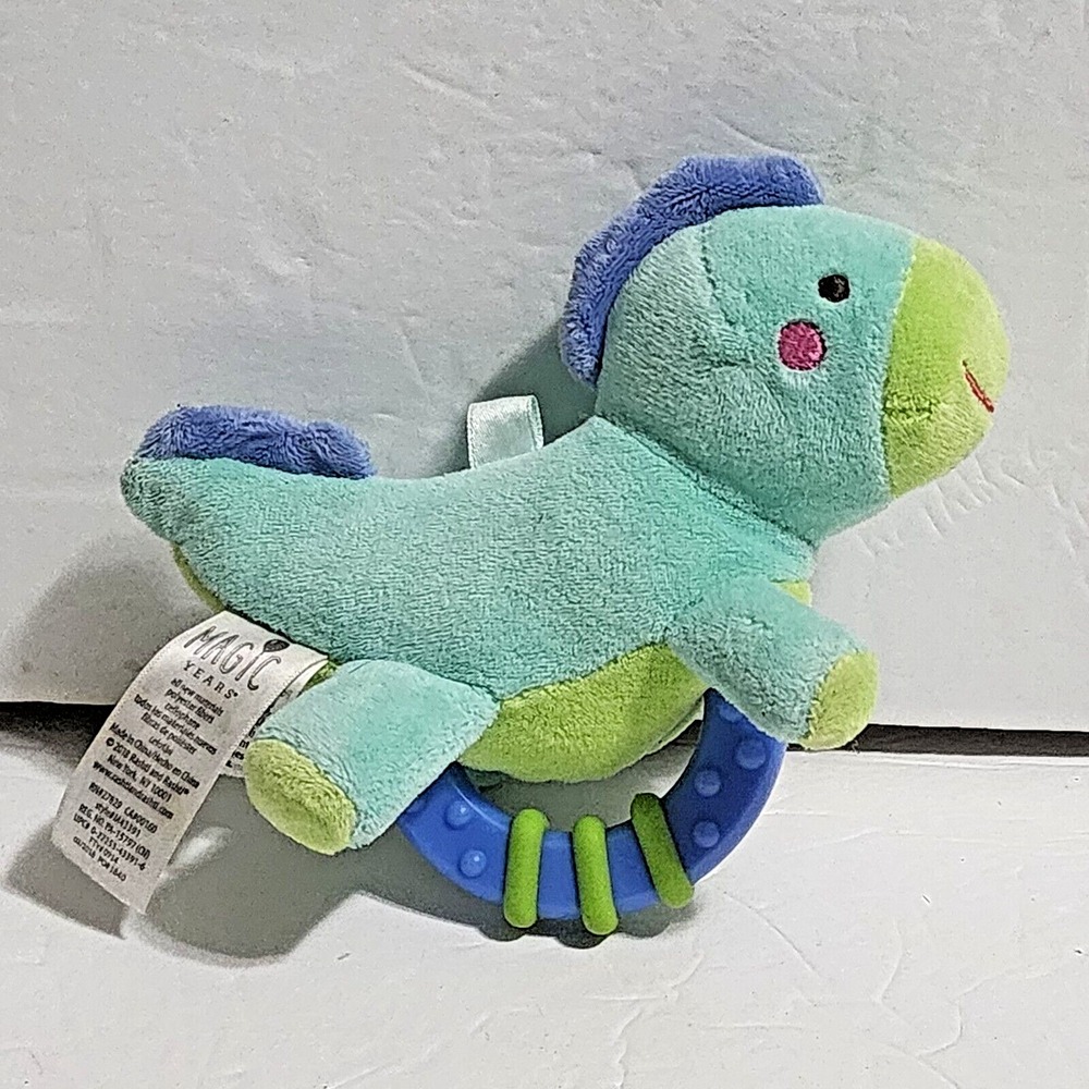 Magic Years Dinosaur Blue & Green Plush Rattle Crinkle Toy Baby Lovey 6"